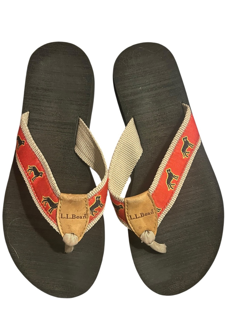 L.L.Bean Red Dog-Print Strap Flip Flops with Black Footbed size 9